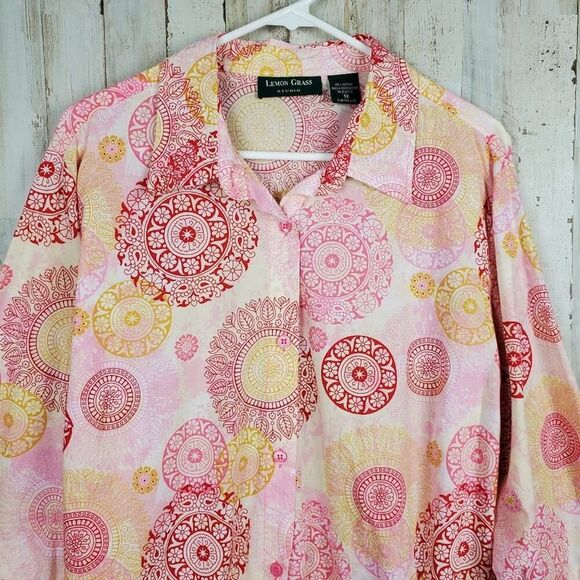 Lemon Grass Button Down Shirt Pink Red Patterned Size 1X - Picture 2 of 9